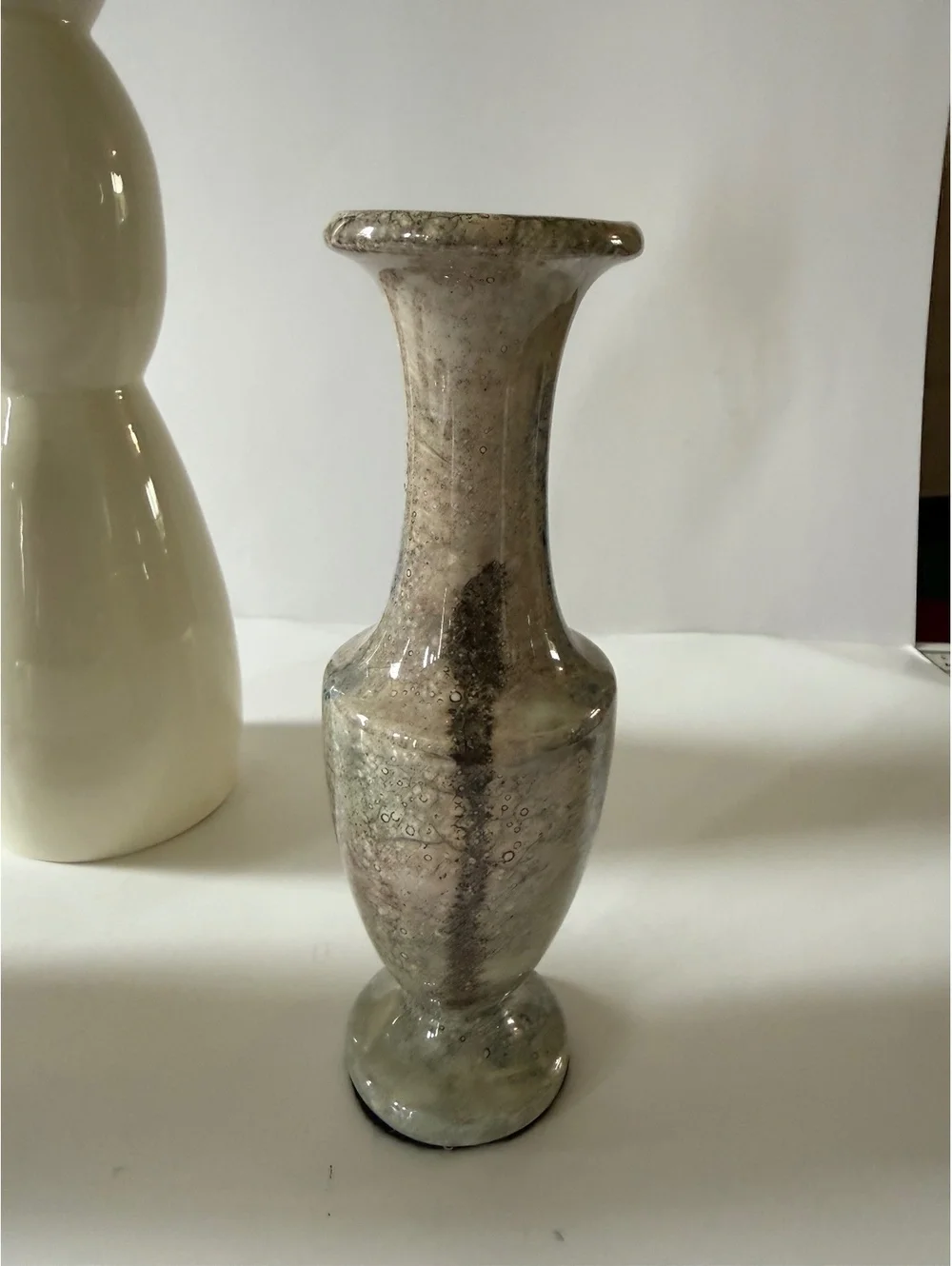 Lot of 3 Decorative Art Glass Vases Purple Iridescent White Silver Bubble Glass